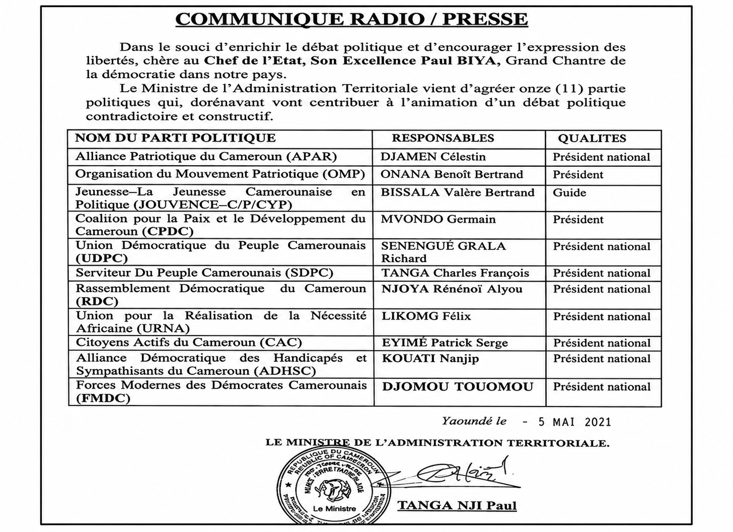 Communiqué radio presse